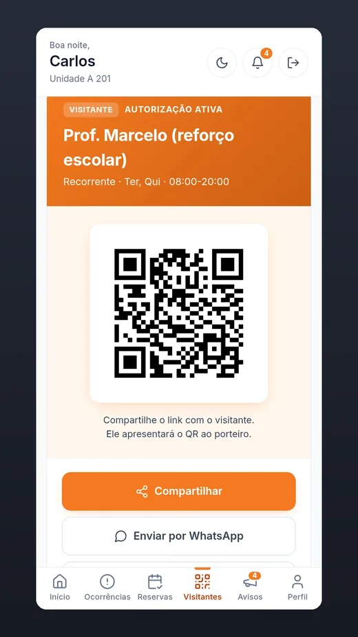 QR Code de visitante no app Vip Home