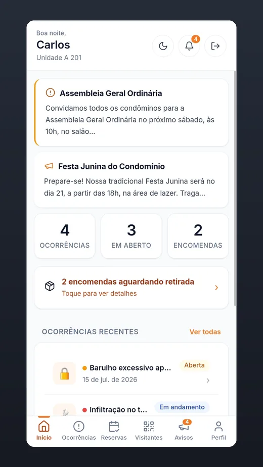 App do morador Vip Home — tela inicial