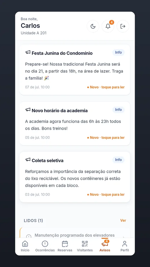 Mural de avisos no app Vip Home